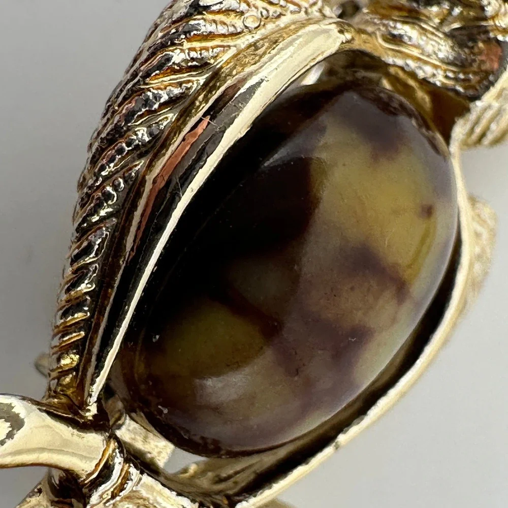 Pair Vintage Gold Tone‎ Owl Brooches Tiger's Eye Belly Pins Unsigned Birds